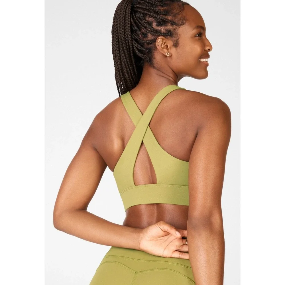 Fabletics Oasis Twist Front Sports Bra Sage Green Crisscross Back Medium - Picture 3 of 7
